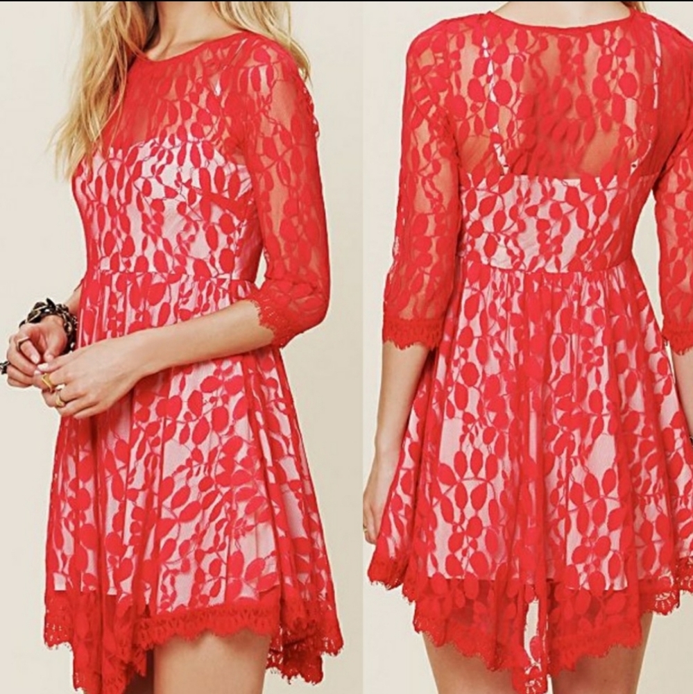 Free People red  lace dress hi low dress